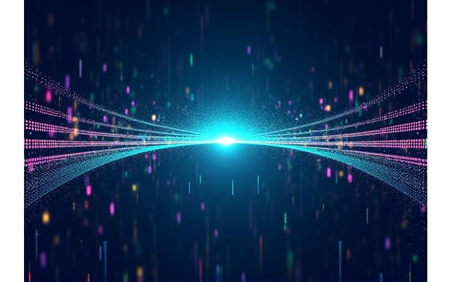 Abstract visual of a secure blockchain bridge connecting different colored blockchain networks, with data flowing across.