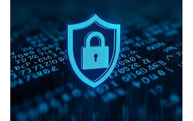 Visual representation of smart contract code development and auditing, with lines of code overlaying a secure shield icon.