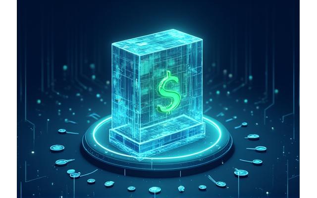 Digital representation of staking, with coins flowing into a secure crystal structure, symbolizing growth and security.